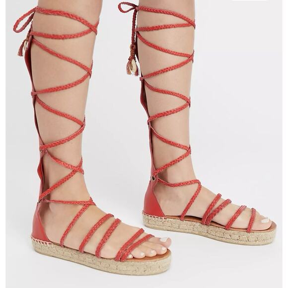 FREE PEOPLE Red Braided Leather Bondi Tall Gladiator Espadrilles Sandals - Picture 2 of 16